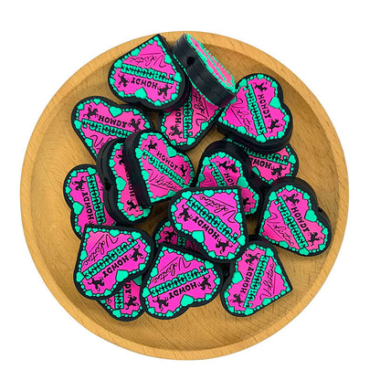 Silicone Focal Beads Western Howdy Turquoise Valentine Heart With Printed Text 2