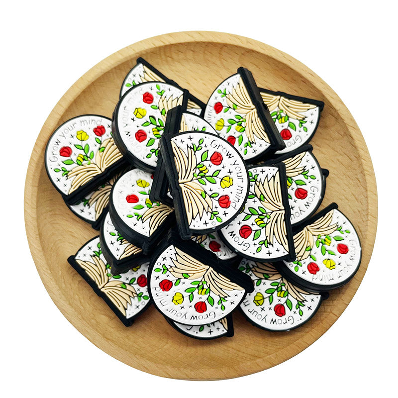 20pcs Silicone Focal Beads Grow Your Mind Open Book with Flowers 2