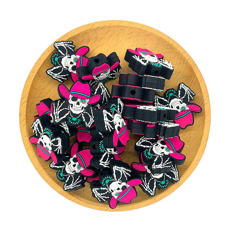 Western Skeleton Cowboy Skull Halloween Silicone Focal Beads Wearing Pink Cowboy Hat 2