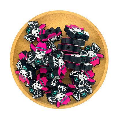 Western Skeleton Cowboy Skull Halloween Silicone Focal Beads Wearing Pink Cowboy Hat 2