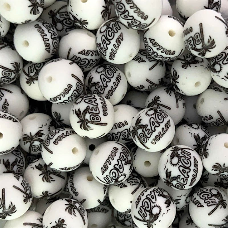 50pcs 15mm Black Orange Beach Volley Print Silicone Beads