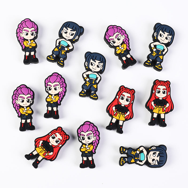 20Pcs Silicone Focal Beads Girl Characters Standing Pose with Colorful Hair 2