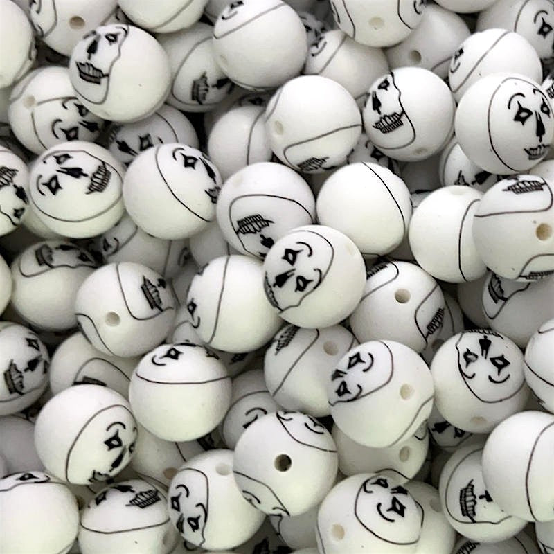 50pcs 15mm White Clown Face Print Silicone Beads