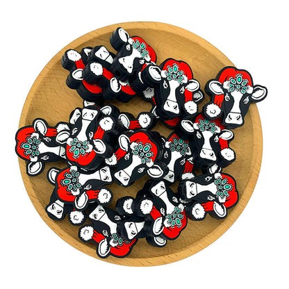 Silicone Focal Beads Western Cow Cattle Wearing Christmas Hat Front Facing 2