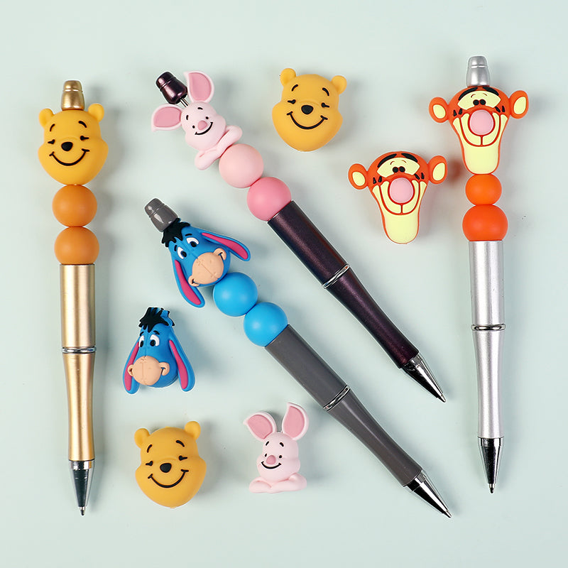 20Pcs Silicone 3D Focal Beads Yellow Bear Round Head Blue Donkey Side Profile Pink Pig Sitting Pose Orange Tiger Front Facing 7