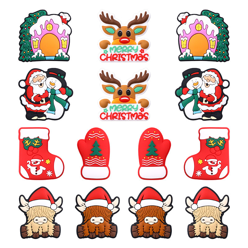 20pcs Silicone Focal Beads Christmas Tree House Kitty Santa and Snowman
