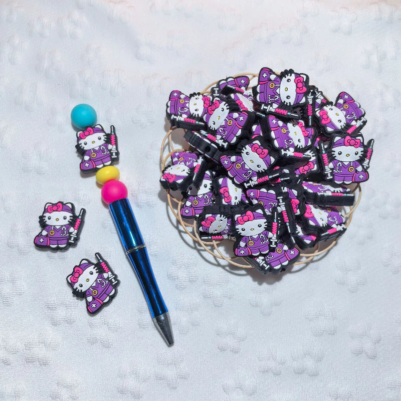 20pcs Silicone Focal Beads White Cat No Mouth Pink Bow Medical Staff 6