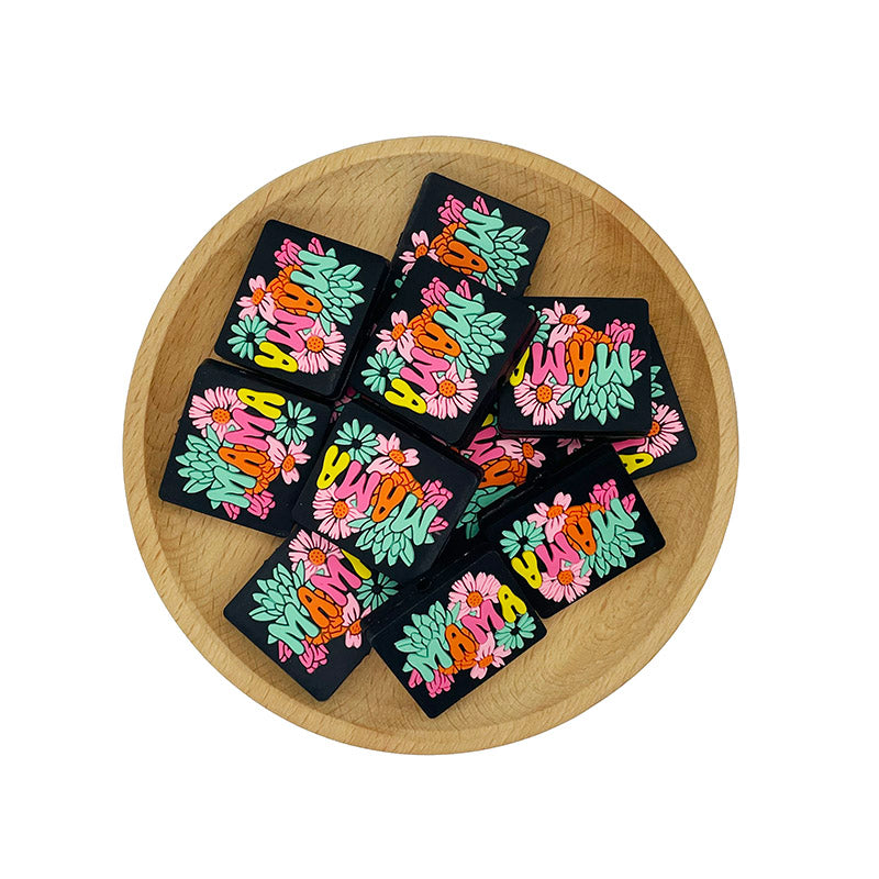 20pcs Silicone Focal Beads Flower MAMA Square with Printed Text 2