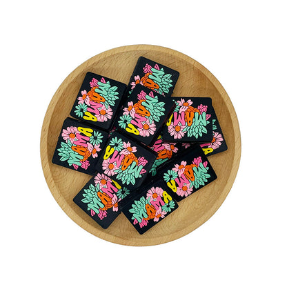 20pcs Silicone Focal Beads Flower MAMA Square with Printed Text 2
