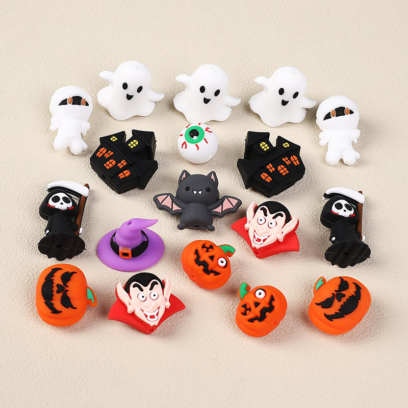20Pcs Silicone 3D Focal Beads Halloween Themes Haunted House and Pumpkin Design 2