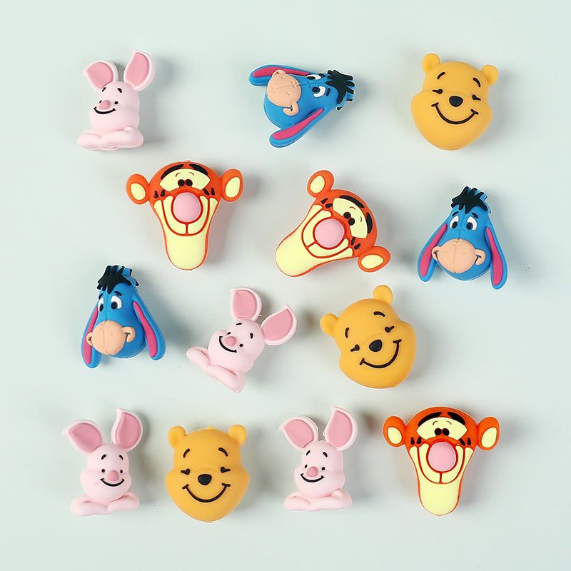 20Pcs Silicone 3D Focal Beads Yellow Bear Round Head Blue Donkey Side Profile Pink Pig Sitting Pose Orange Tiger Front Facing 3