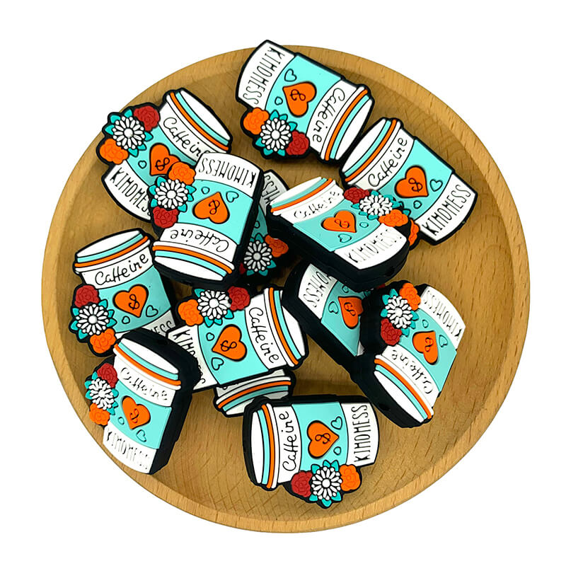 Silicone Focal Beads Caffeine and Kindness Coffee Cup with Flowers 2