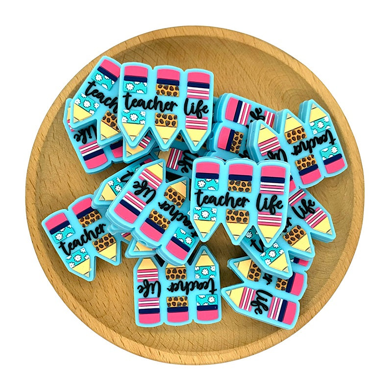 20pcs Silicone Focal Beads Teacher Life Pencil Trio Design 2