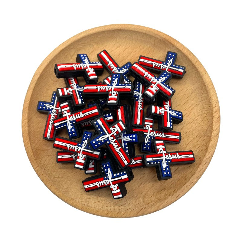 20pcs Silicone Focal Beads Independence Day US Cross Flag Design 2