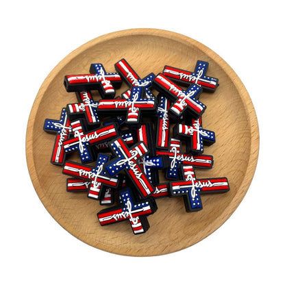 20pcs Silicone Focal Beads Independence Day US Cross Flag Design 2