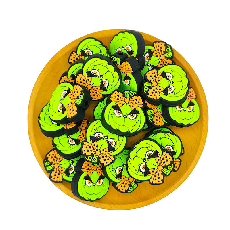 Silicone Focal Beads Halloween Green Pumpkin Face with Leopard Bow 2