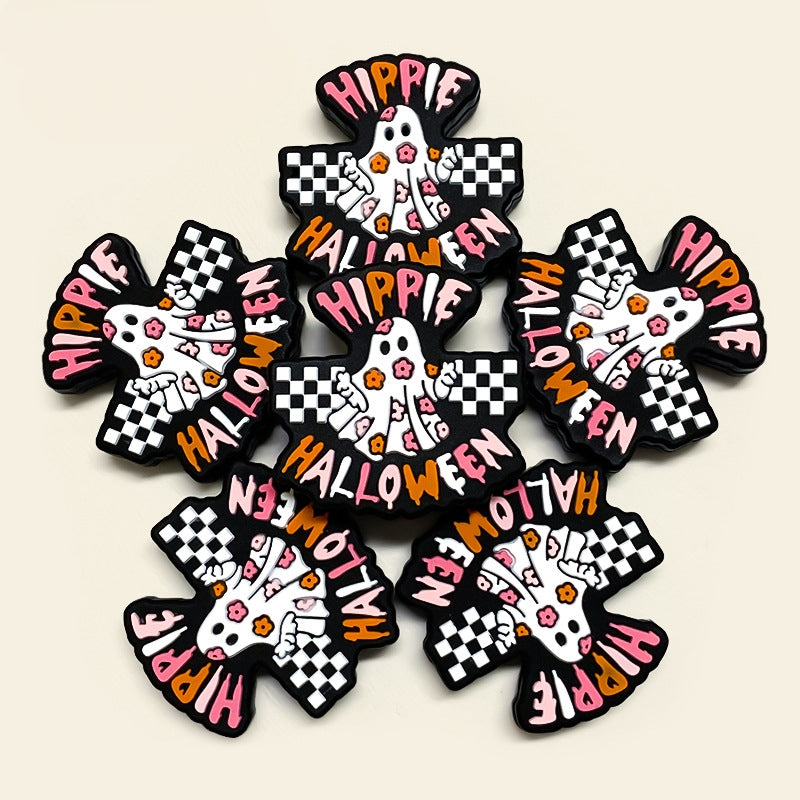 20Pcs Silicone Focal Beads Halloween Ghost with Checkerboard and Flower Detail