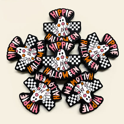 20Pcs Silicone Focal Beads Halloween Ghost with Checkerboard and Flower Detail