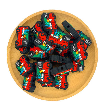 Silicone Focal Beads Christmas Gnome in Red Truck with Tree and Y'all Text 2