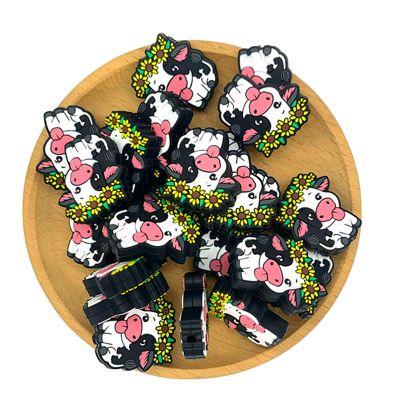 Silicone Focal Beads Cattle Cow Wearing Sunflower Garland 2