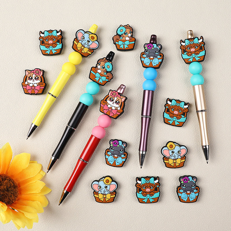 Silicone 3D Focal Beads Cartoon Basket Animals Sitting in Woven Basket 7