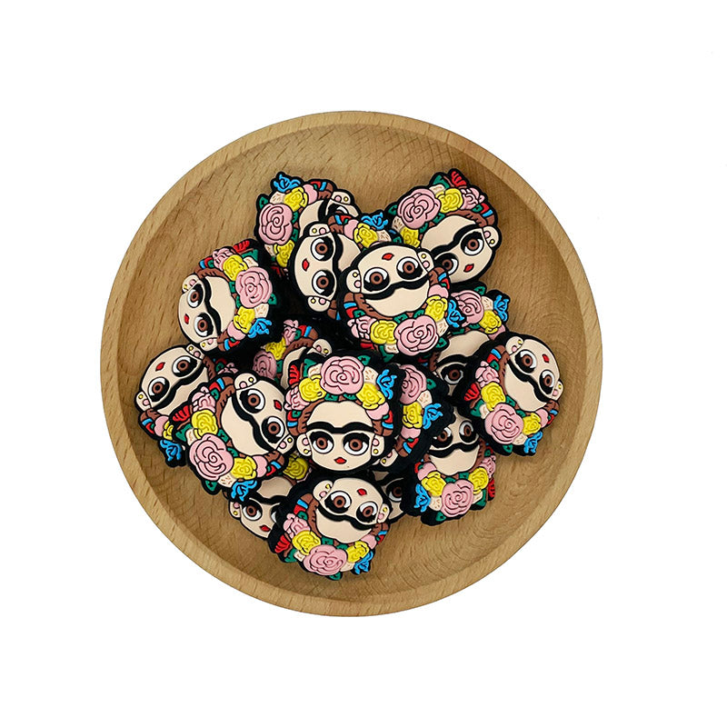 20pcs Silicone Focal Beads Woman Face with Flower Crown 2