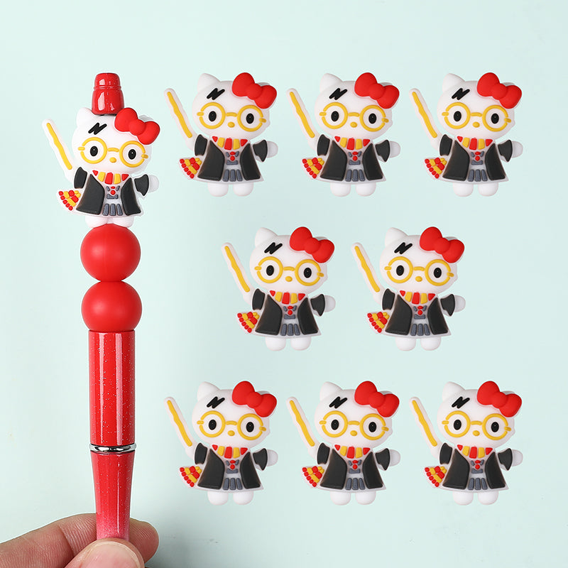 20Pcs Silicone 3D Focal Beads White Cat Wearing Glasses with Red Bow 4