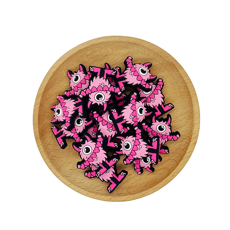 20pcs Silicone Focal Beads Pink Monster Holding Heart Garland 2