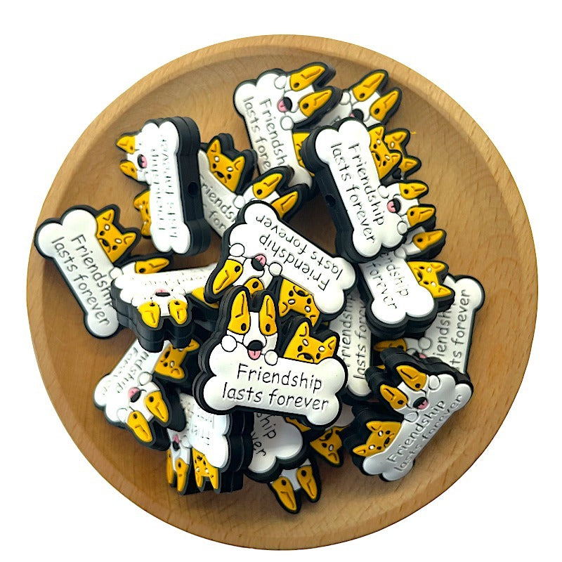 20pcs Silicone Focal Beads Friendship Lasts Forever Dog Bone Shape 2