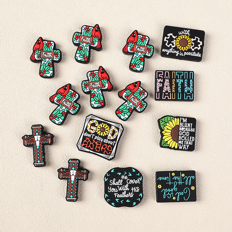 Silicone Focal Beads Jesus Faith Cross With Religious Text Designs 6
