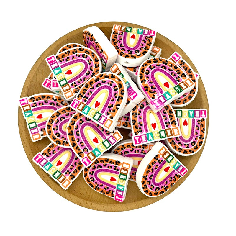 20pcs Silicone Focal Beads Rainbow Teacher With Leopard Print Detail 2