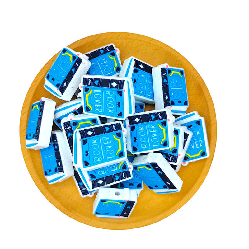 Silicone Focal Beads Blue Book Lover Design with Printed Text 2