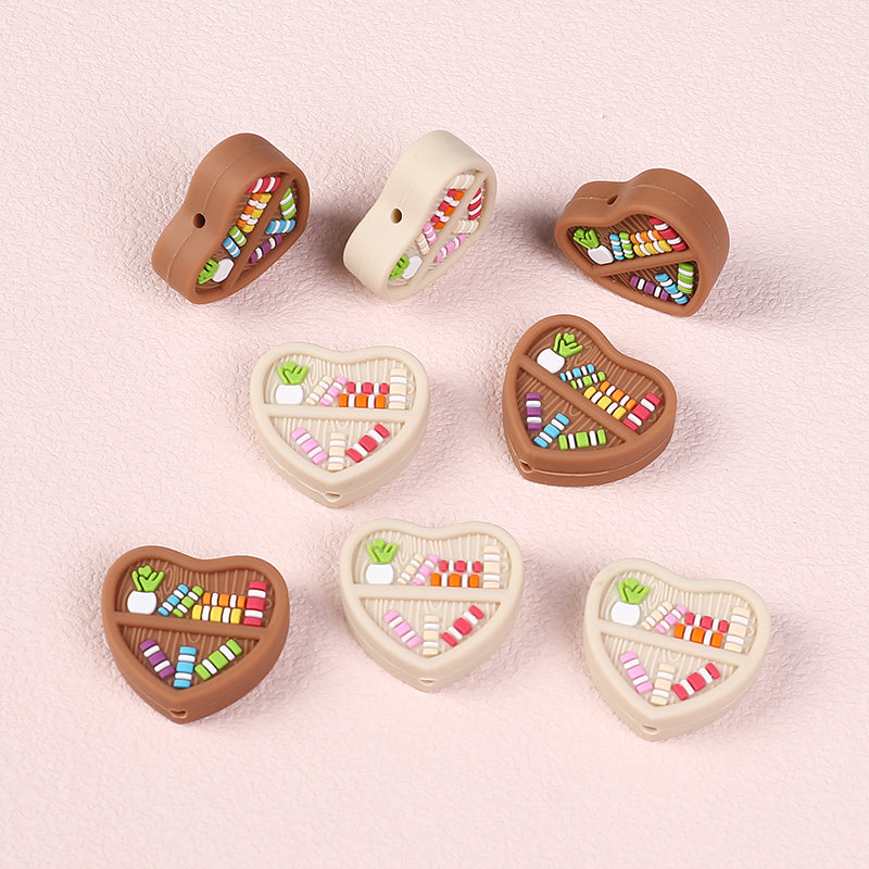 20Pcs Silicone Focal Beads Double Sided Heart Shaped Bookshelf Design