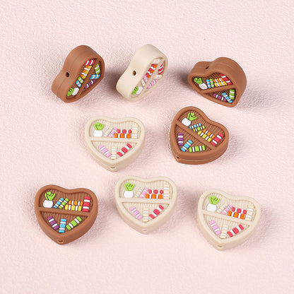20Pcs Silicone Focal Beads Double Sided Heart Shaped Bookshelf Design