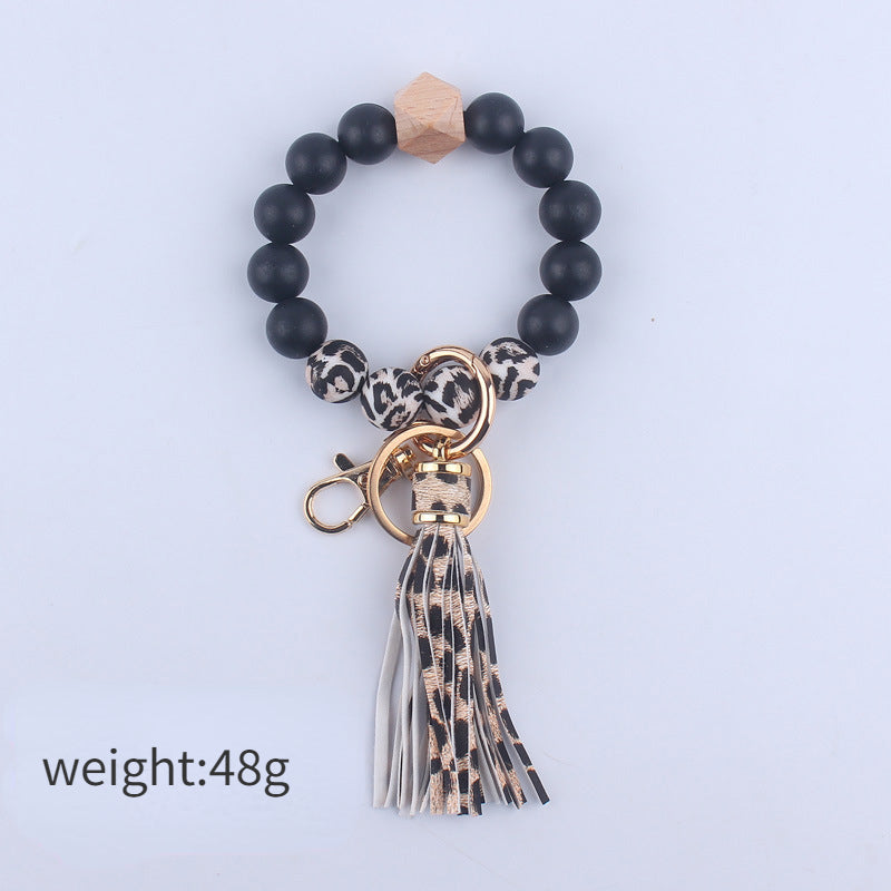 PU Leather Tassel Silicone Bead Wristlet Keychain Leopard Print 5
