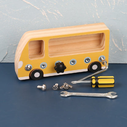 Wooden Building Blocks Montessori Toy Bus with Screwing Tools 7
