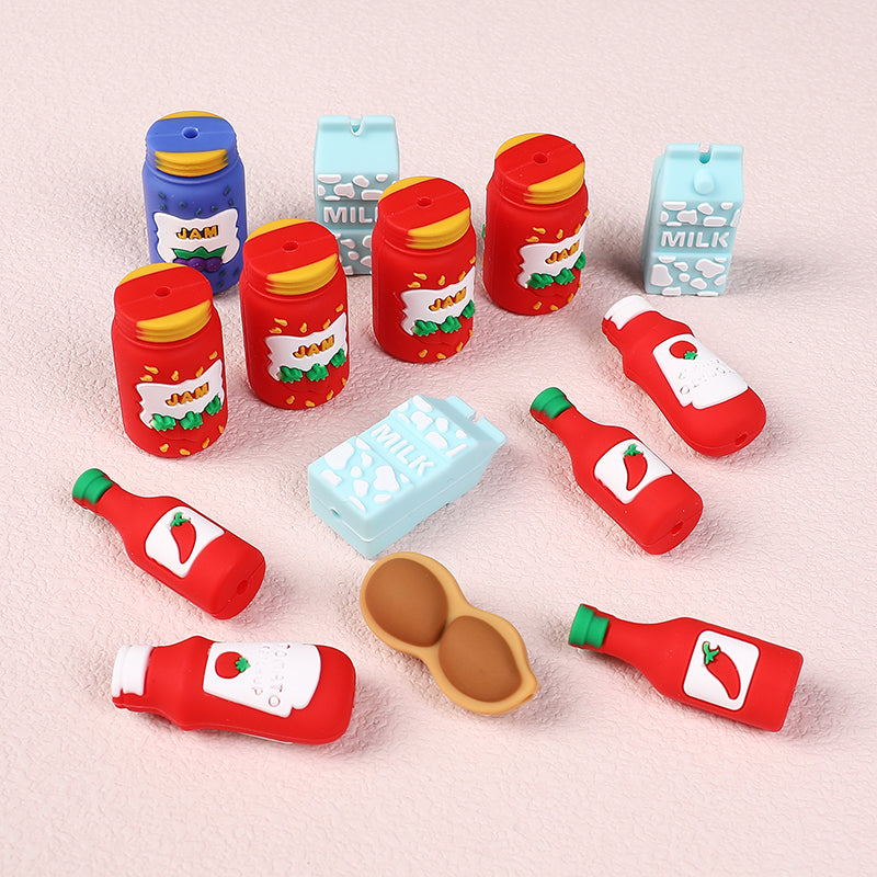 20Pcs Silicone 3D Focal Beads Jam Bottle Milk Carton Chili Sauce Design