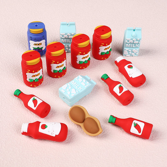 20Pcs Silicone 3D Focal Beads Jam Bottle Milk Carton Chili Sauce Design