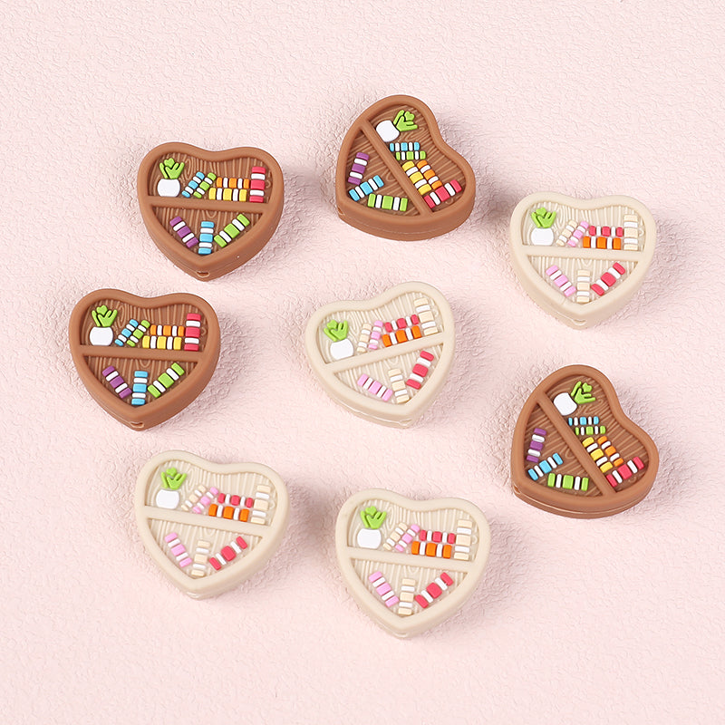 20Pcs Silicone Focal Beads Double Sided Heart Shaped Bookshelf Design 2
