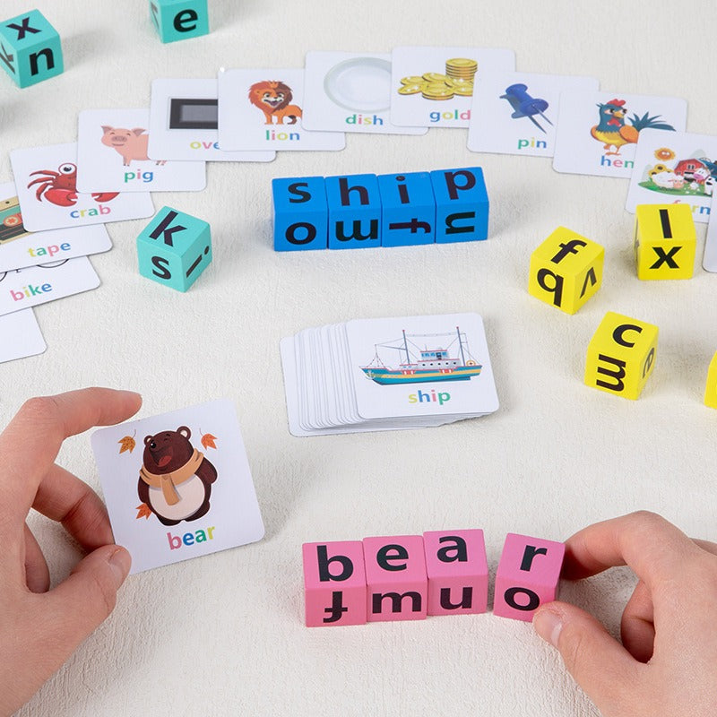 Wooden Montessori Toys English Card Spelling Cube for Kids 5
