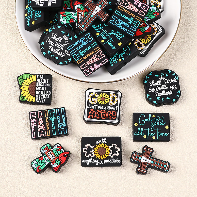 Silicone Focal Beads Jesus Faith Cross With Religious Text Designs 8