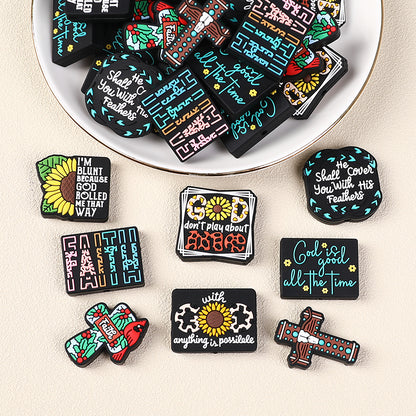 Silicone Focal Beads Jesus Faith Cross With Religious Text Designs 8