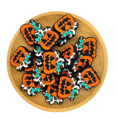Silicone Focal Beads Western Cow Girl Pumpkin Wearing Cow Print Hat 2
