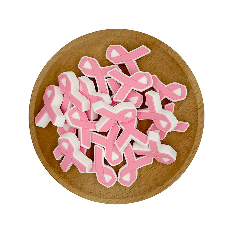 20pcs Silicone Focal Beads Pink Ribbon Front Facing 2