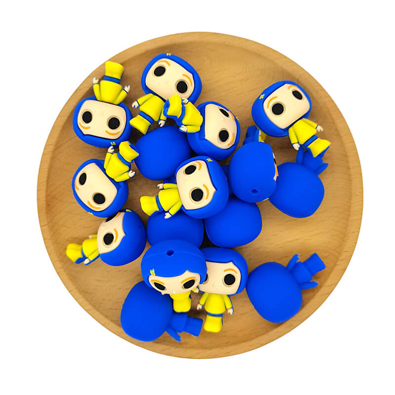 Silicone 3D Focal Beads Girl Blue Hair Yellow Outfit Front Facing 2