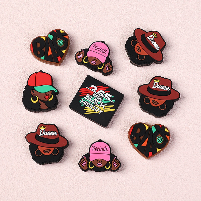 20pcs Silicone Focal Beads Black Girl Wearing Hat and Afro Hairstyle 3