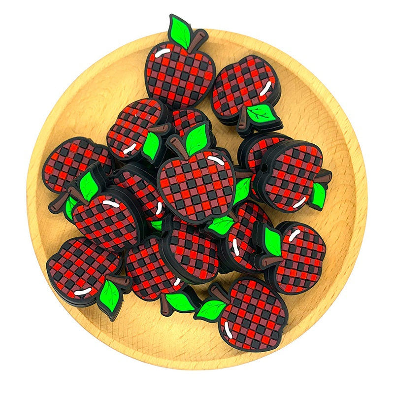 20pcs Silicone Focal Beads Apple Grid Pattern with Leaf and Stem 2