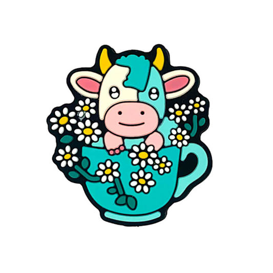Silicone Focal Beads Cow Cattle Daisy Flowers in Teacup