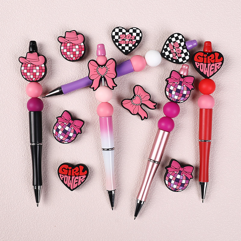 20pcs Silicone Focal Beads Pink Theme Heart Bow Checkered Designs 6