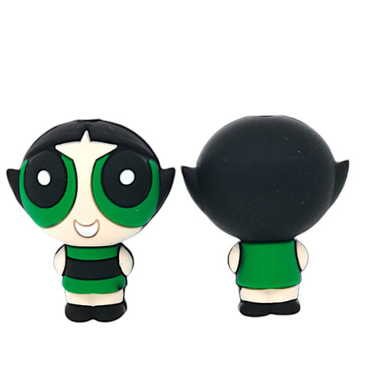 Silicone 3D Focal Beads Green Cartoon Girl Character Front and Back